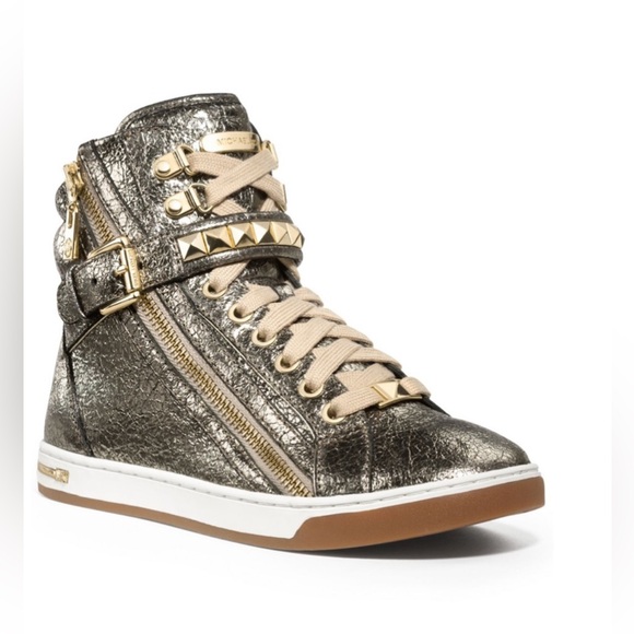 Michael Kors Gold High-Top Sneakers with Side Zipper - Picture 1 of 7